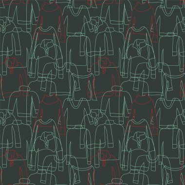 Soyut sorunsuz vektör deseni arka planı. El çizilmiş kış jumper çeşitleri koyu yeşil üzerinde özetliyor. Vektör