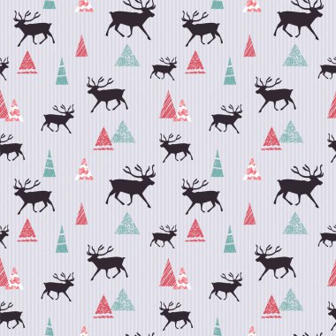 Stilize köknar ağaçları ile Reindeer İskandinav desen. Çizgili geyik siluetleri ile çağdaş ormanlık sahne. Kağıt sarmak için harika. Vektör