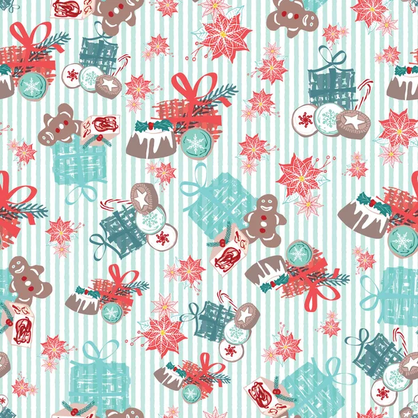 Modèle de Noël vectoriel sans couture avec bonbons, biscuits, cadeaux et fleurs Poinsettia. Illustration alimentaire traditionnelle rétro maison en yulétide . — Image vectorielle