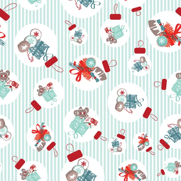 Vektor Weihnachten nahtlose Muster mit Süßigkeiten, Plätzchen und Geschenke in Christbaumschmuck. traditionelle Retro hausgemachte Yuletide Food Illustration. — Stockvektor