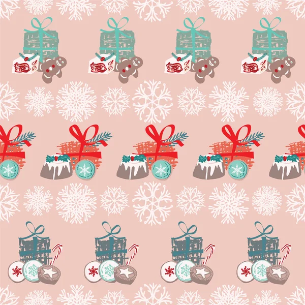 Vector Christmas seamless pattern with candy, cookies, presents and snowflakes. For wrapping paper, invitations, greeting cards. — Stock Vector