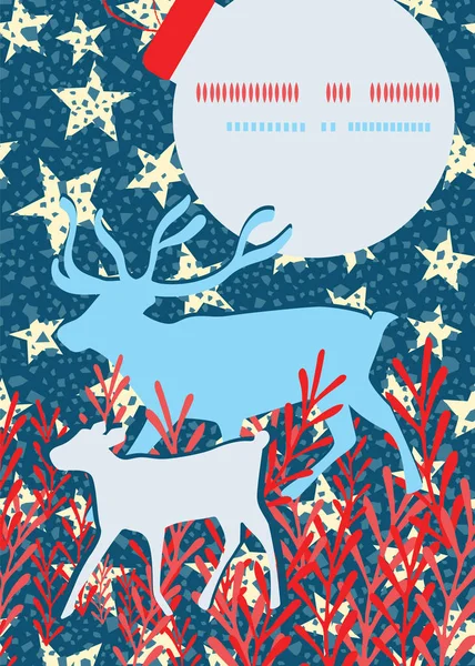 Ilustración vectorial de siluetas de renos y terneros con estrellas, follaje y adornos navideños en forma de cuadro de texto . — Vector de stock