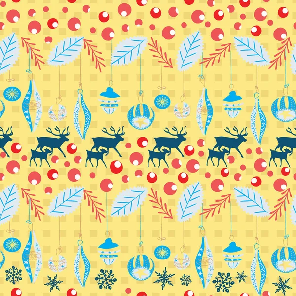 Patrón de Navidad de renos y terneros con adornos navideños retro, bayas de acebo y hojas. Vector sin costura de estilo escandinavo . — Vector de stock