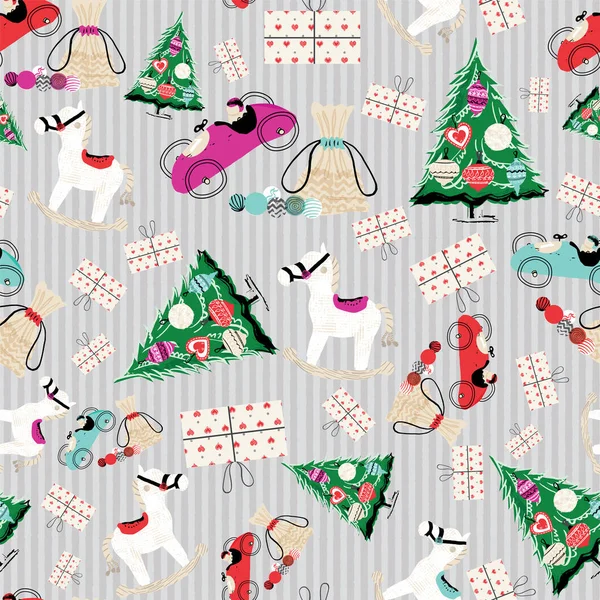 Vector raditional retro toys seamless pattern with christmas trees and gift boxes. — Stock Vector