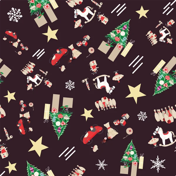 Traditional retro toys seamless pattern with christmas trees and gift boxes. Vector. — Stock Vector