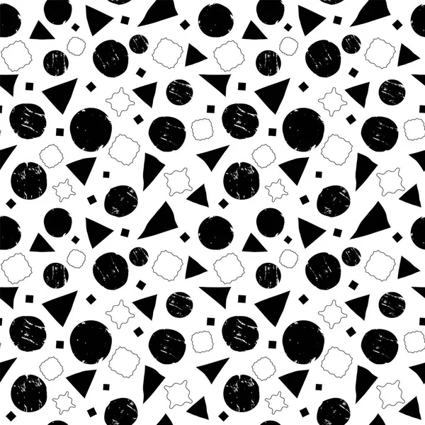 Preto e branco formas geométricas abstratas fundo sem costura. Círculos, quadrados e triângulos com efeito pintado. Vetor — Vetor de Stock