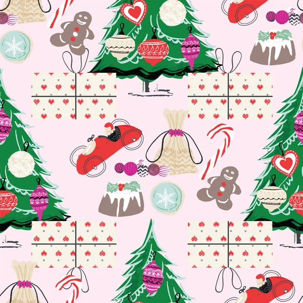 Christmas pattern with vintage toys, Christmas trees, presents and Christmas food. Retro style vector illustration — Stock Vector