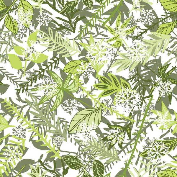 Vector siempreverde patrón sin costura ramas y hojas con copos de nieve. Fondo floral de invierno . — Archivo Imágenes Vectoriales
