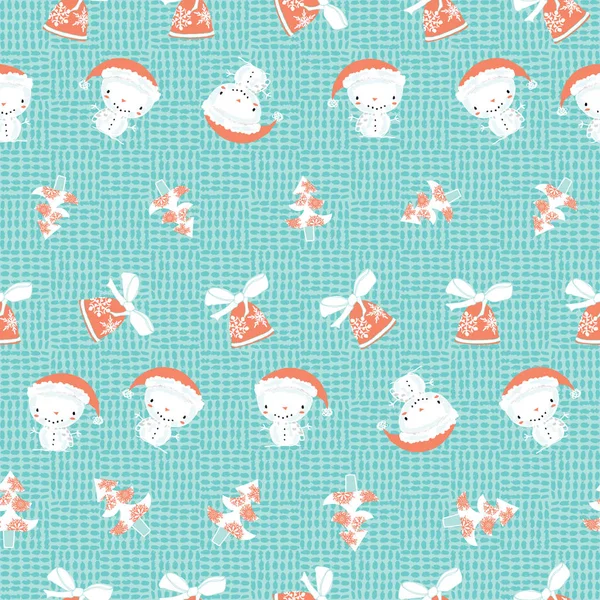 Cute Christmas pattern with snowman, Christmas trees and Christmas bells on textured background. Fun vector Christmas background for kids. — Stock Vector