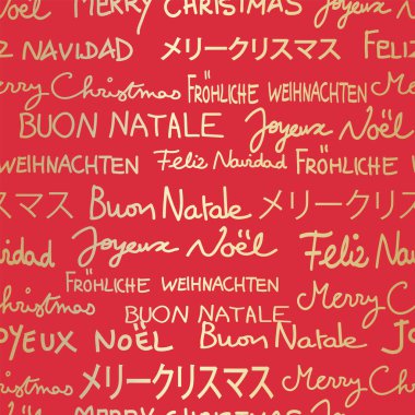 Farklı dillerde Kırmızı ve altın neşeli Noel sorunsuz desen. Metin sadece Noel arka plan ambalaj kağıdı, fon, çeşitli tatil projeleri için büyük.