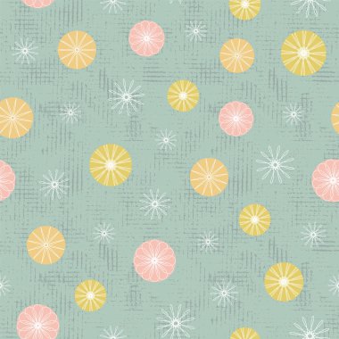 Kumaş doku arka plan süslü daireler ve geometrik soyut çiçekler dikişsiz vektör desen tasarımı.