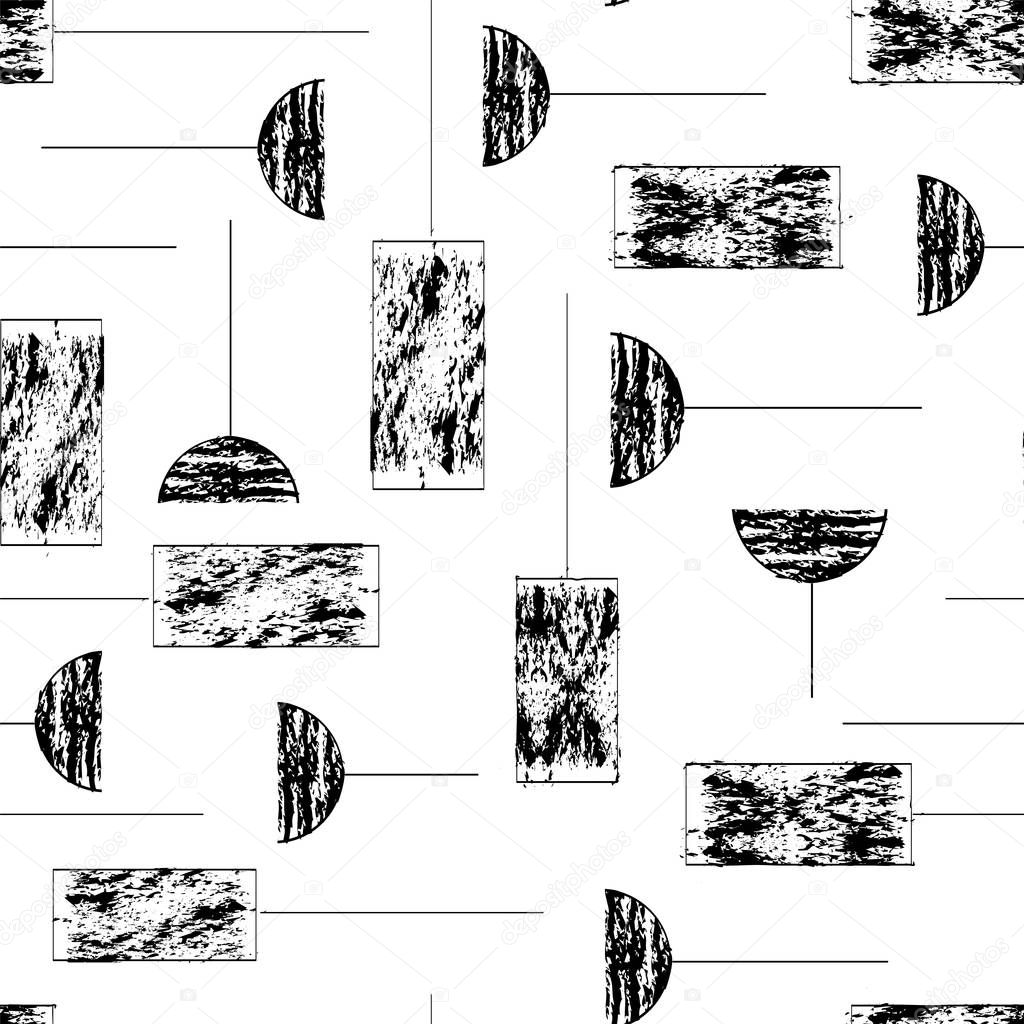 Black and white abstract geometric shapes seamless vector pattern background with grunge texture. Half circles and rectangles with dry brush effect.