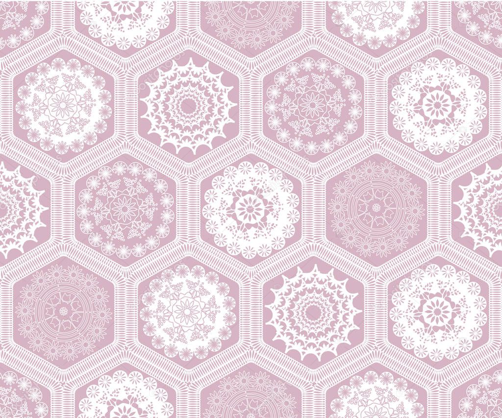 Decorated hexagon doily crochet patchwork seamless pattern background design. Embroidery vector illustration.