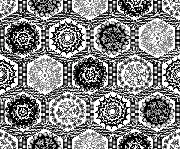 Preto e branco hexágono guardanapo crochê patchwork sem costura padrão de fundo design. Ilustração vetorial estilo bordado . — Vetor de Stock