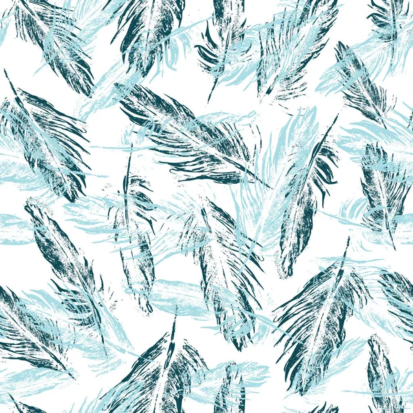 Fluffy feather naadloze vector patroon textuur print ontwerp. Monochroom blauwe inktveren op witte achtergrond. Vectorillustratie — Stockvector