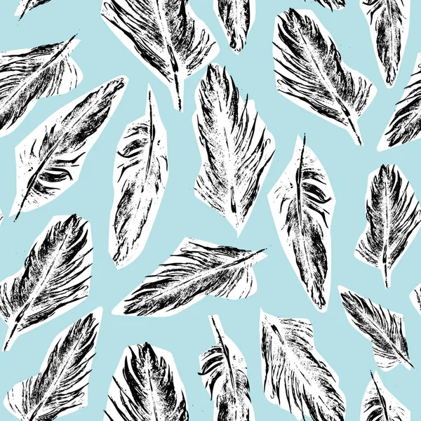 Patrón de plumas esponjoso diseño de fondo vectorial sin costuras. Plumas de tinta negra sobre formas de recorte de papel blanco sobre fondo azul pastel. Ilustración de collage vectorial . Vectores De Stock Sin Royalties Gratis