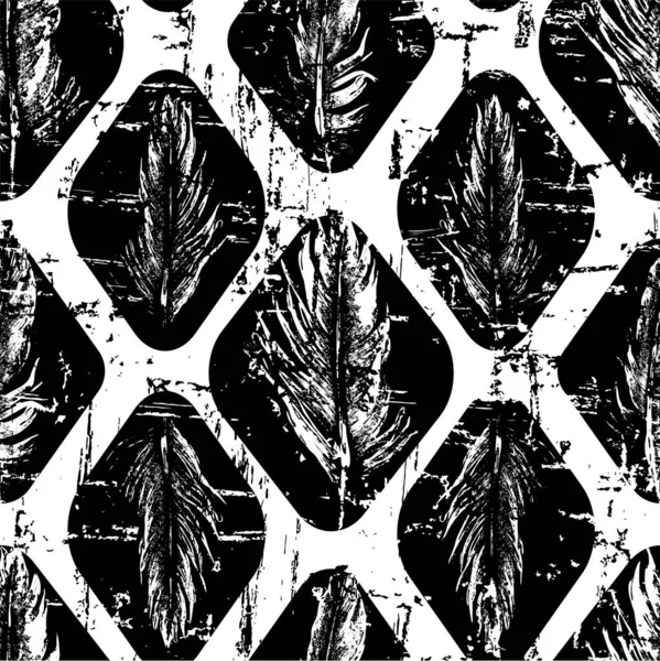 Estilo grunge antigo padrão sem emenda de diamante geométrico preto e branco com penas. Projeto de impressão de fundo vetorial . — Vetor de Stock