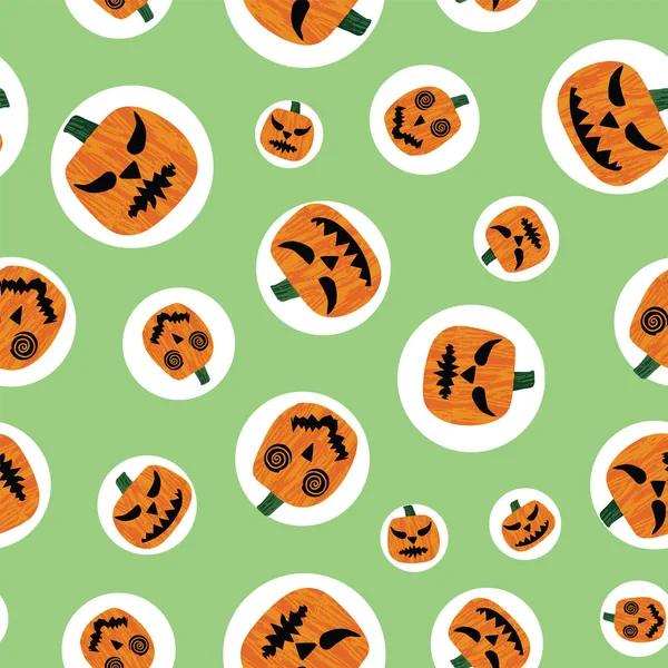 Caras assustadoras da abóbora dos desenhos animados em círculos no fundo verde. Halloween vetor padrão design ilustração —  Vetores de Stock