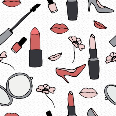 dikişsiz vektör desen ruj maskara ve kadın aksesuarları doodle