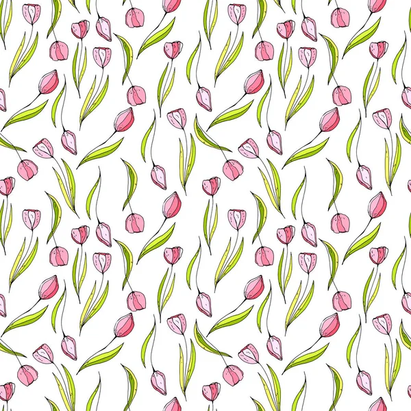 Blumen Tulpen Kritzeln Nahtlose Vektormuster Farbig — Stockvektor