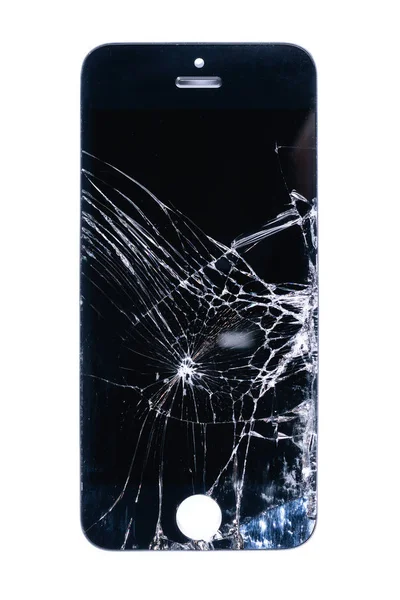 Kırık ve kırık cam akıllı telefon ekranı, beyaz arka planda siyah ekranda beyaz çizgiler, tasarım öğesi, arka plan dokusu