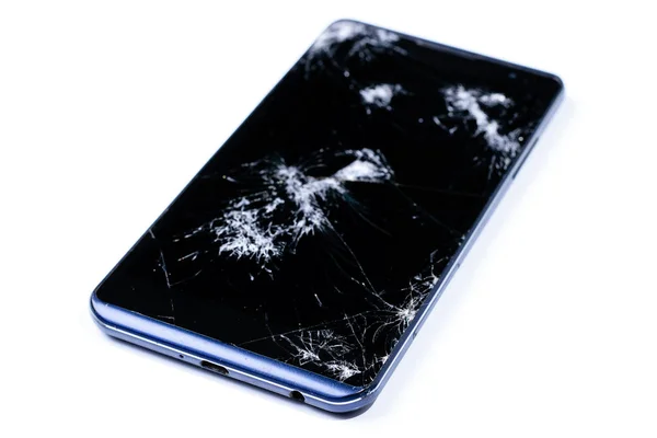 Modern Lcd dokunmatik ekranlı mobil akıllı telefon, düştükten sonra kırılır ve kırılır. Kırık telefon camı yakın görünüm, tasarım için beyaz arka plan üzerinde izole