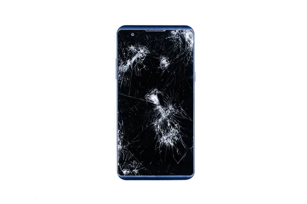 Modern Lcd dokunmatik ekranlı mobil akıllı telefon, düştükten sonra kırılır ve kırılır. Kırık telefon camı yakın görünüm, tasarım için beyaz arka plan üzerinde izole