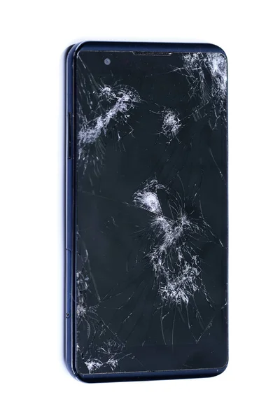 Modern Lcd dokunmatik ekranlı mobil akıllı telefon, düştükten sonra kırılır ve kırılır. Kırık telefon camı yakın görünüm, tasarım için beyaz arka plan üzerinde izole