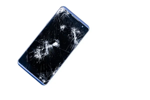 Modern Lcd dokunmatik ekranlı mobil akıllı telefon, düştükten sonra kırılır ve kırılır. Kırık telefon camı yakın görünüm, tasarım için beyaz arka plan üzerinde izole