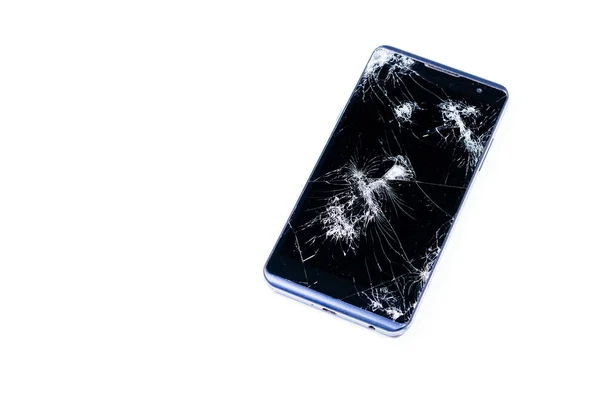 Modern Lcd dokunmatik ekranlı mobil akıllı telefon, düştükten sonra kırılır ve kırılır. Kırık telefon camı yakın görünüm, tasarım için beyaz arka plan üzerinde izole