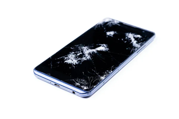 Modern Lcd dokunmatik ekranlı mobil akıllı telefon, düştükten sonra kırılır ve kırılır. Kırık telefon camı yakın görünüm, tasarım için beyaz arka plan üzerinde izole