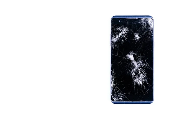 Modern Lcd dokunmatik ekranlı mobil akıllı telefon, düştükten sonra kırılır ve kırılır. Kırık telefon camı yakın görünüm, tasarım için beyaz arka plan üzerinde izole