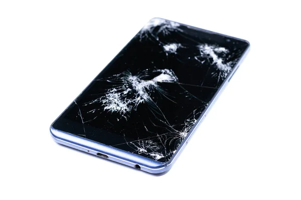 Modern Lcd dokunmatik ekranlı mobil akıllı telefon, düştükten sonra kırılır ve kırılır. Kırık telefon camı yakın görünüm, tasarım için beyaz arka plan üzerinde izole