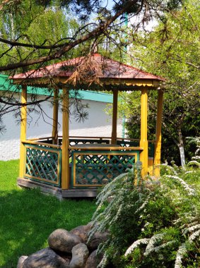 dekoratif bir bahar çiçeklenme bahçesinde çardak. Ahşap pergola