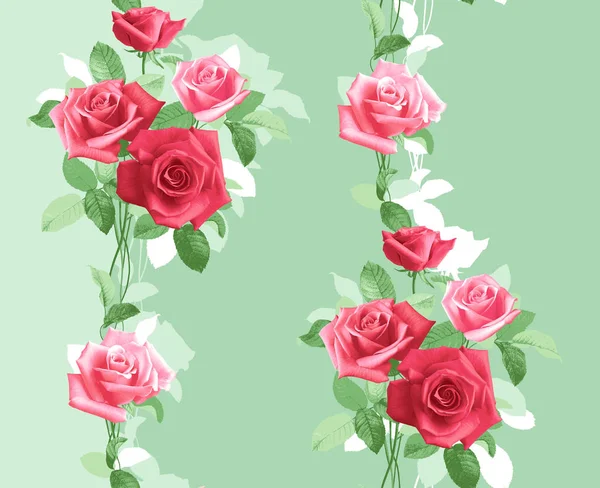 Repeated vertically pattern of delicate pink roses with stems and leaves on a pastel background. Flowers with leaves and stems collected in a bouquet