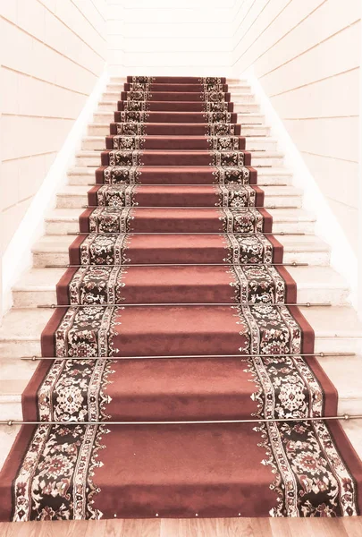 Movement up the front stairs with a red carpet at the end of which light. The front-classical interior with the stairs