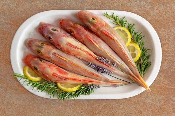 Fresh Fish Cleaned Prepared Cooking Sprigs Lavender Rosemary Lemon Slices — Stock Photo, Image