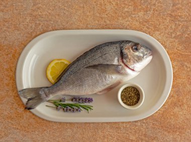 Taze balık temizlenir ve dokulu bir taş arka plan üzerinde beyaz bir tabak üzerinde lavanta, biberiye, limon kama ve baharat sprigs ile pişirme için hazırlanmıştır. Yeni yakalanmış bir Dorado. Yemek fotoğrafı