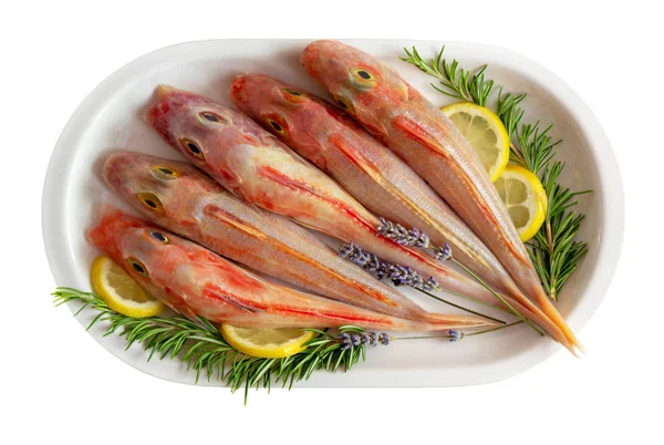 Isolated Fresh Fish Cleaned Prepared Cooking Sprigs Lavender Rosemary Lemon — Stock Photo, Image
