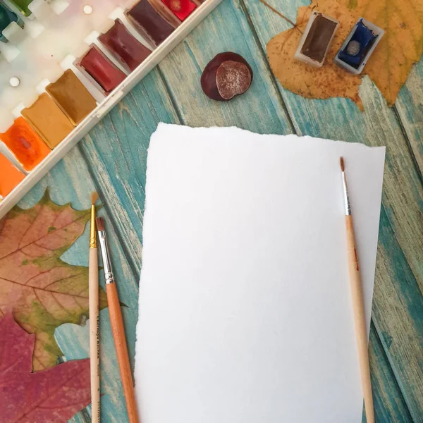 Creatividad Objetos Para Pintar Con Espacio Copia Una Tabla Madera — Foto de Stock