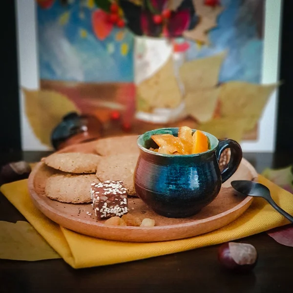 Autumnal Picturesque Still Life Wooden Tray Clay Pot Orange Jam — Stock Photo, Image