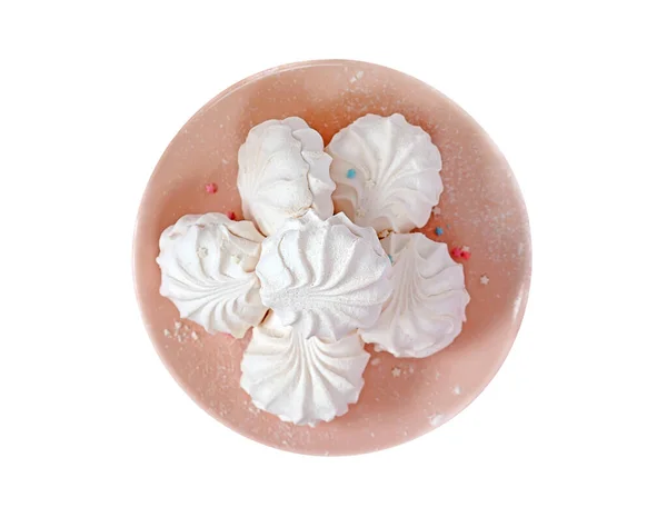 Изолированная Розовая Тарелка Сладостями Белый Зефир Белом Фоне Воздушные Легкие — стоковое фото