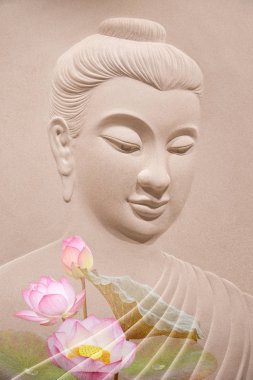 Buda ahşap oyma. Duvar resimleri Buda'nın geçmişini anlat. lotus çiçeği veya nilüfer ve Buda heykelinin yüz çift pozlama. 