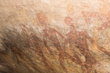 okra rock boyalı duvar üzerine çalışmalar mağara. Tarih öncesi insan, ilkel mağara adamı. kabile, şaman, Evcil hayvan, yerli lideri. Taş devri. Bunlar boyama onun Phu Phra bat içinde bulunan