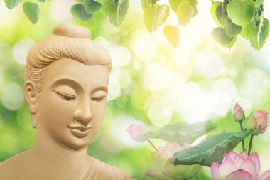 lotus çiçeği veya nilüfer ve Buda heykelinin yüz çift pozlama. Budizm Çin Japonya ve Tay insanlar popüler yani buda birçok kültür Tayland dahil.