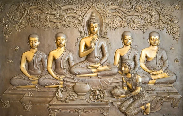 Buddha Ξύλινη Σκάλιση Τοιχογραφίες Λένε Την Ιστορία Για Την Ιστορία — Φωτογραφία Αρχείου