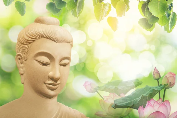 Doppelbelichtung Der Lotusblume Oder Seerose Und Gesicht Der Buddha Statue — Stockfoto