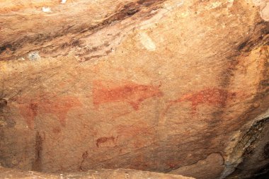 Bin yıl önce bölgede yaşayan insanlar tarafından kırmızı renkle boyanmış kaya üzerinde eylemlerde erkeklerin prehistoriprehistoric resim. Bu resim Phu Phra yarasa tarihi park, Udon Thani, Tayland bulunan.