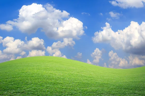Grünes Feld und blauer Himmel mit leichten Wolken, — Stockfoto