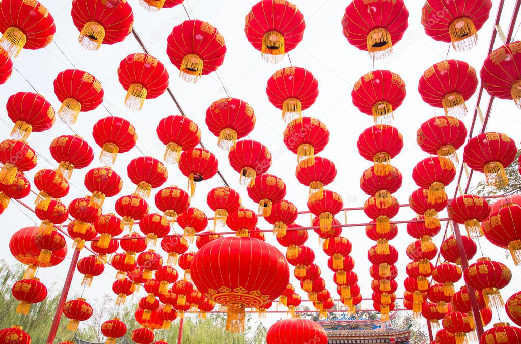 Set of Red Chinese Lanterns Circular. Lamps Isolated on White Ba